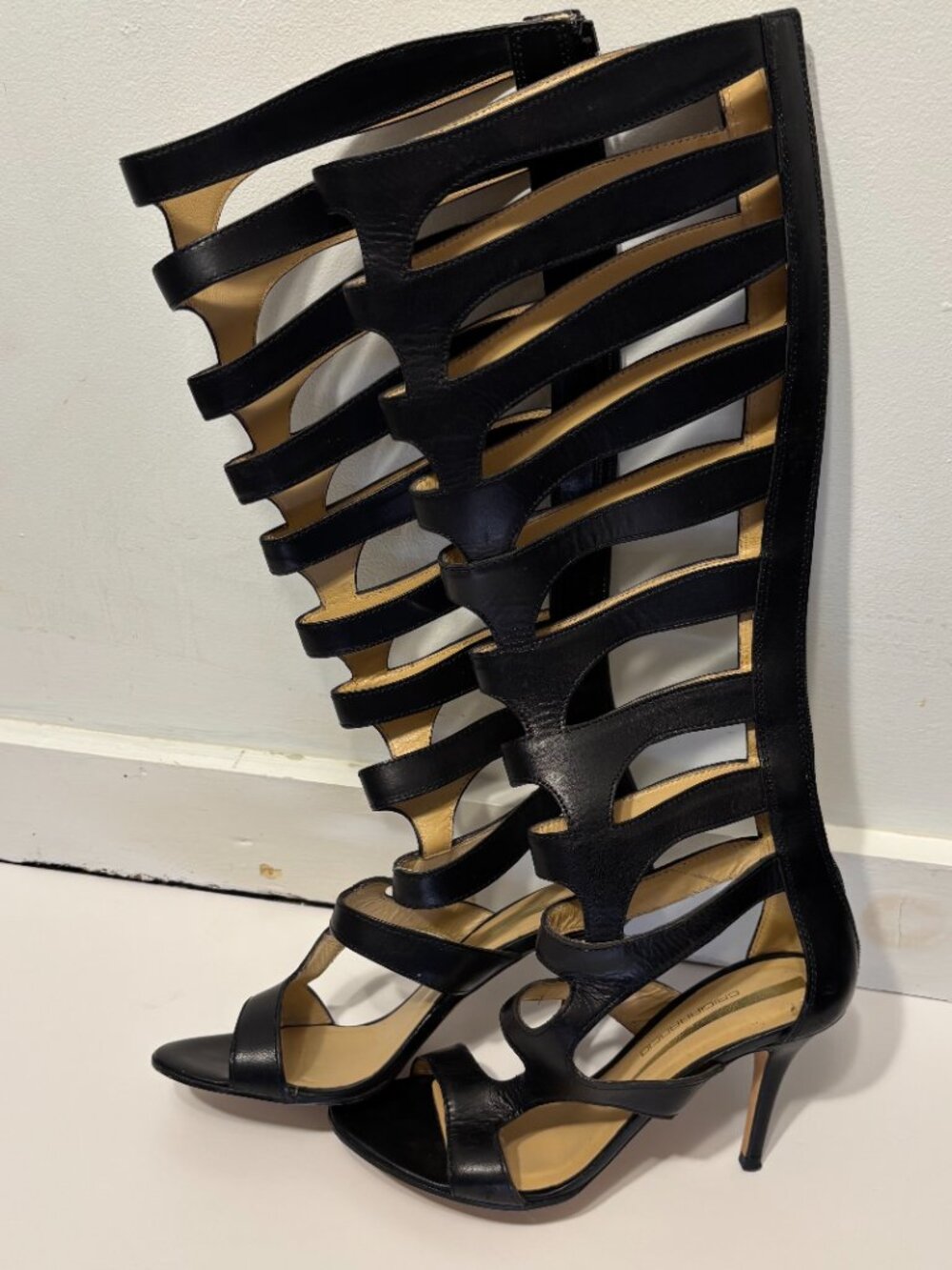 Black Strappy High-Heel Knee-High Boots